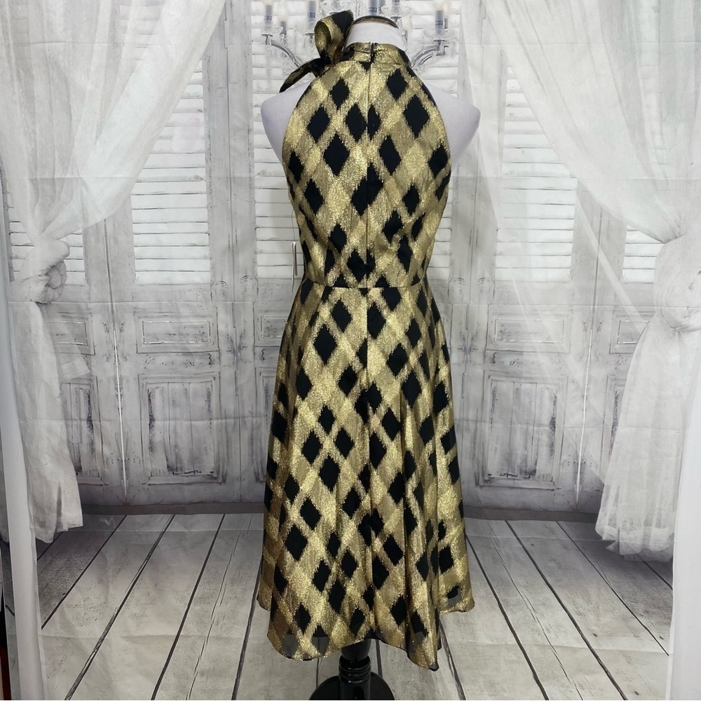 Maggy London Size 4 Metallic Gold Black Plaid Cross Over Halter Dress Fit Flare - Picture 12 of 13